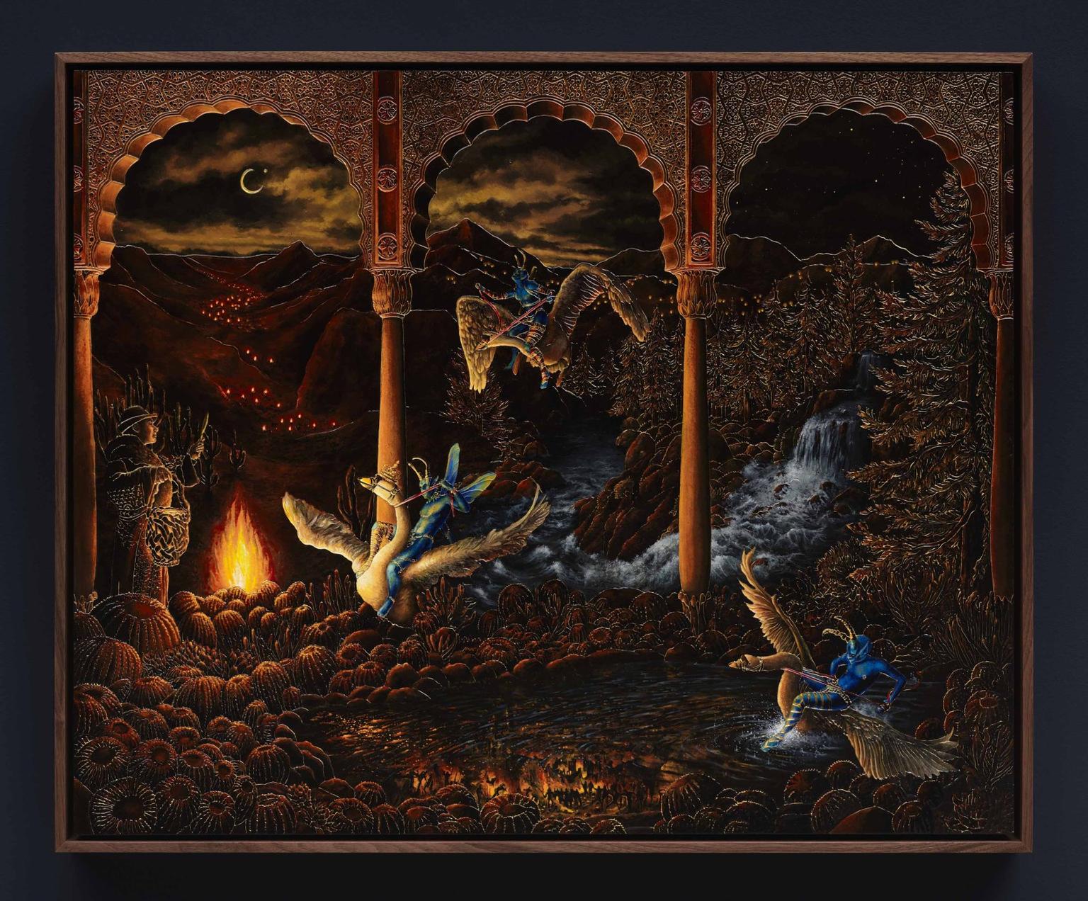 A dark ornate painting shows blue-clad riders on giant birds flying over a moonlit landscape with a campfire and waterfall framed by carved arches.