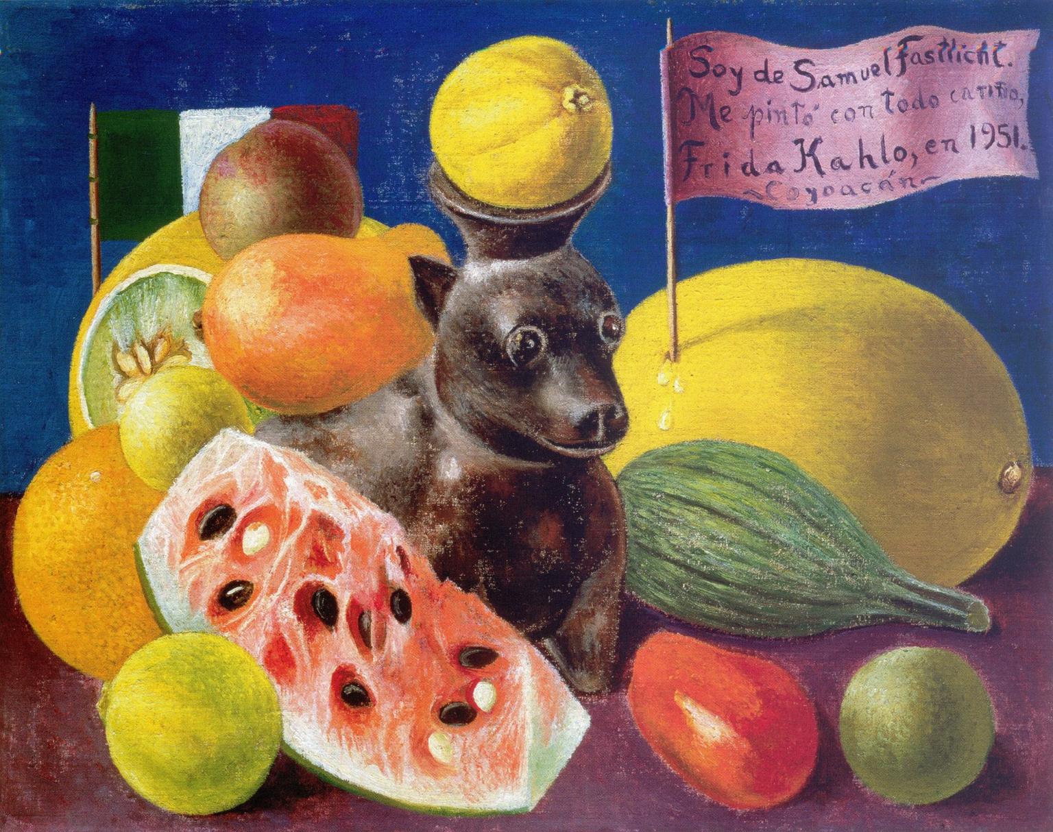 Painting of a small black dog sitting among colorful fruits including a watermelon slice and a yellow melon against a deep blue background.