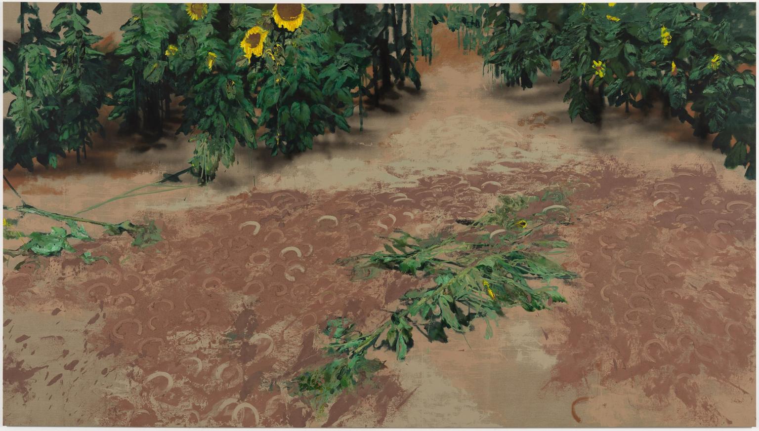 A painting of trampled green sunflower stalks on reddish soil imprinted with horseshoe marks. In the background are rows of standing sunflowers and green foliage.