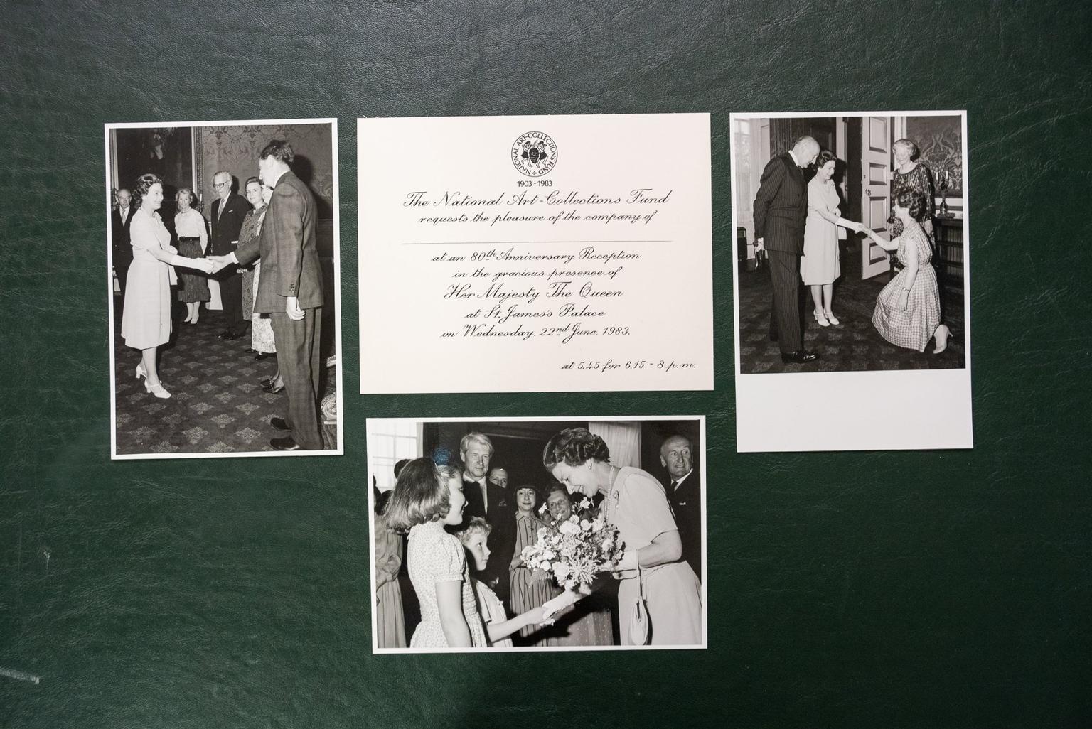 Thee black and white photographs of Queen Elizabeth II greeting visitors shown alongside an invitation card