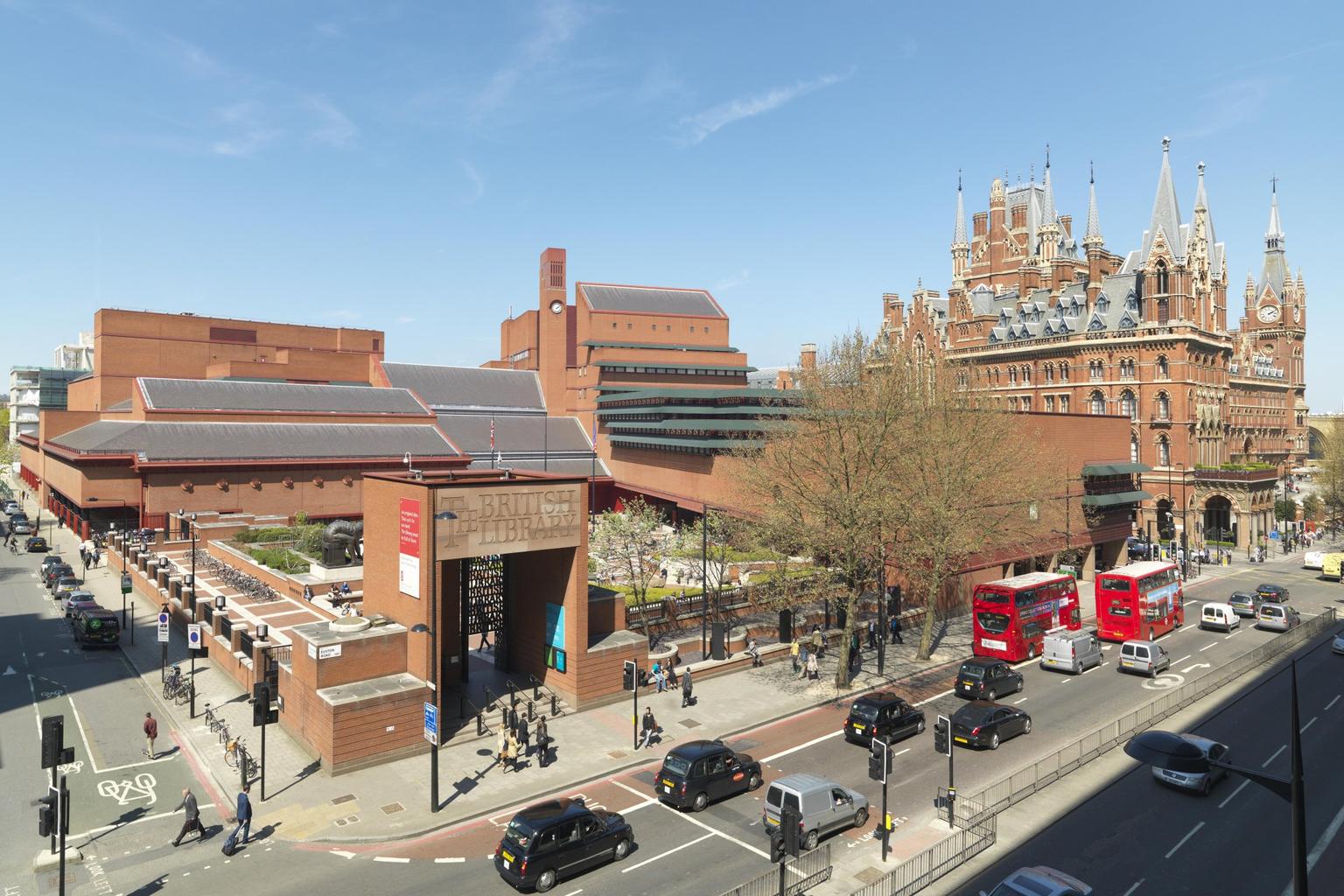 An aerial shot of the British Library, with St Pancras' Hotel behind