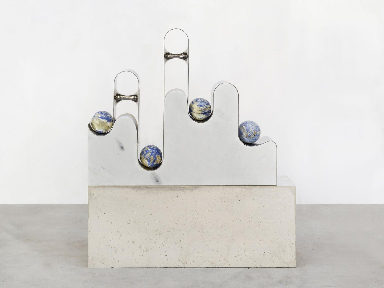 Alicja Kwade, .Continuum, 2023, .stainless steel, Blue sodalite, marble, .142.7 cm × 123.8 cm × 26 cm (56-3/16" × 48-3/4" × 10-1/4"), .296 kg (652 lb 9 oz), .#88197, .Format of original photography: high res JPEGs.