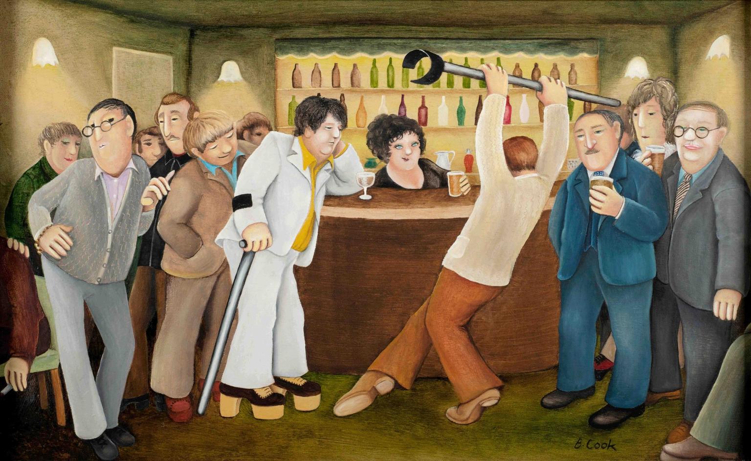 A painting of a crowded pub scene of a man in a white suit in platform shoes leaning on a crutch at the bar while another man raises the other crutch overhead.