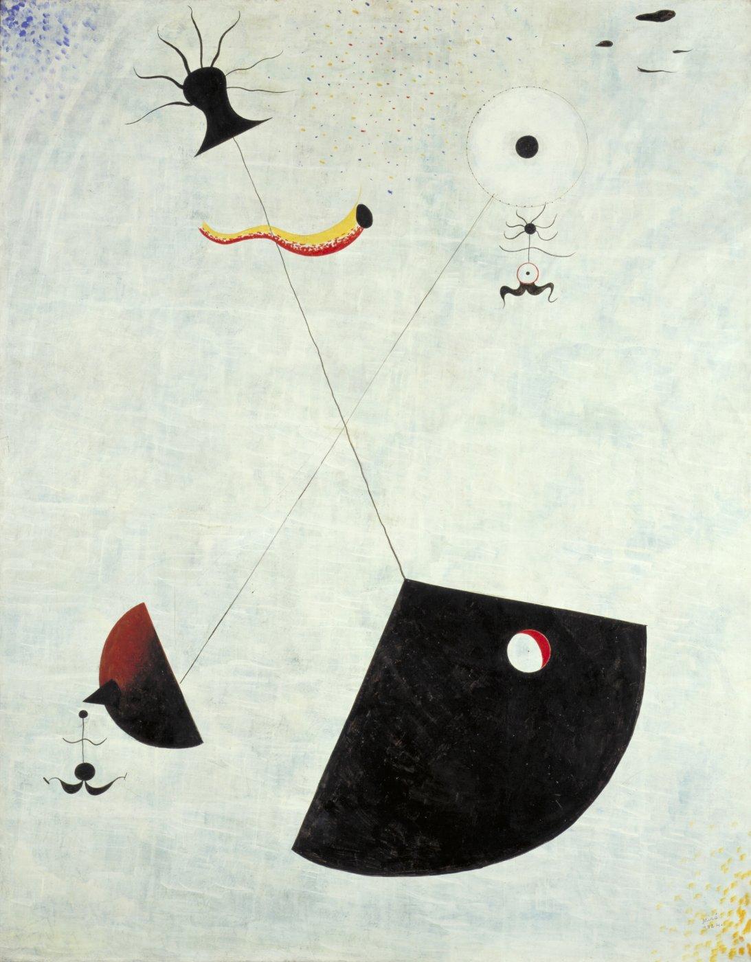 This is one of the first great masterpieces of Miró's early maturity. The work depicts an ideogram of a woman suspended in a void - in short, maternity at its most universal. She wears a flared, black skirt perforated by a hole, a reference to her procreative powers. To either side are her breasts, each of them with one of her offspring. Swimming across the picture is a sperm-like shape - the only other thing that is needed in this witty exploration of the realm of human reproduction.
