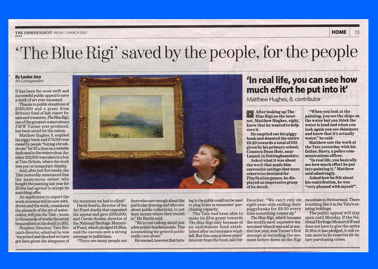 A newspaper article reporting on the successful acquisition by Tate of JMW Turner’s The Blue Rigi, Sunrise, 1842