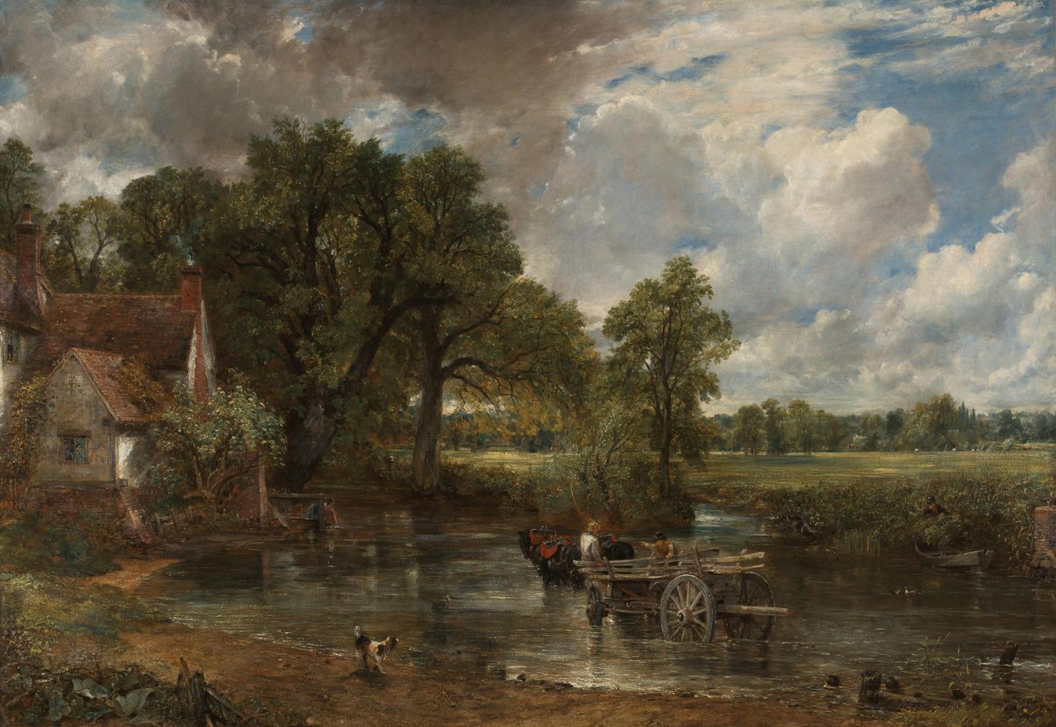 A painting by Constable depicting a horse-drawn cart with people crossing a river near a thatched cottage beneath towering green trees and a dramatic cloudy sky.