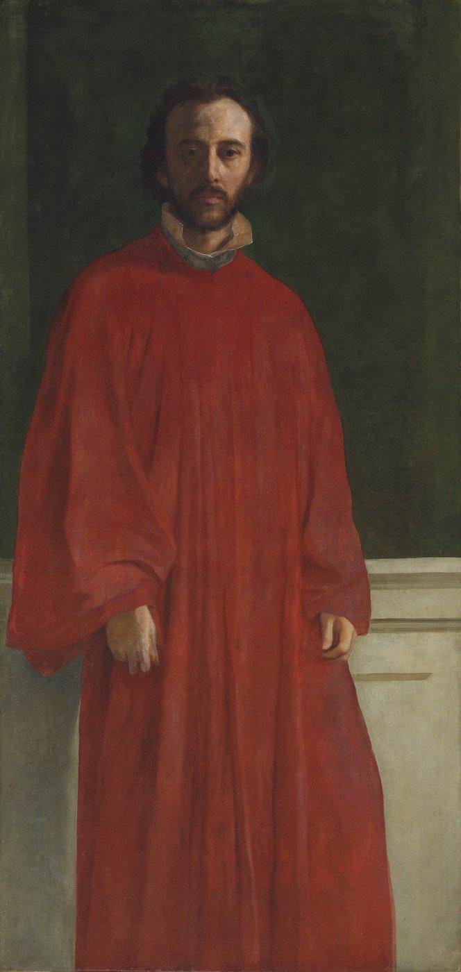 Painted in 1853, Self-Portrait in a Red Robe is the only self-portrait of Watts is known to have painted in the middle period of his career. Created to decorate the entrance of the Watts's studio, the painting shows the artist in the red gown of a Venetian lawyer. Watts had visited Venice in 1853, and the city's lawyers had featured prominently in Justice, his grand fresco for Lincoln's Inn.