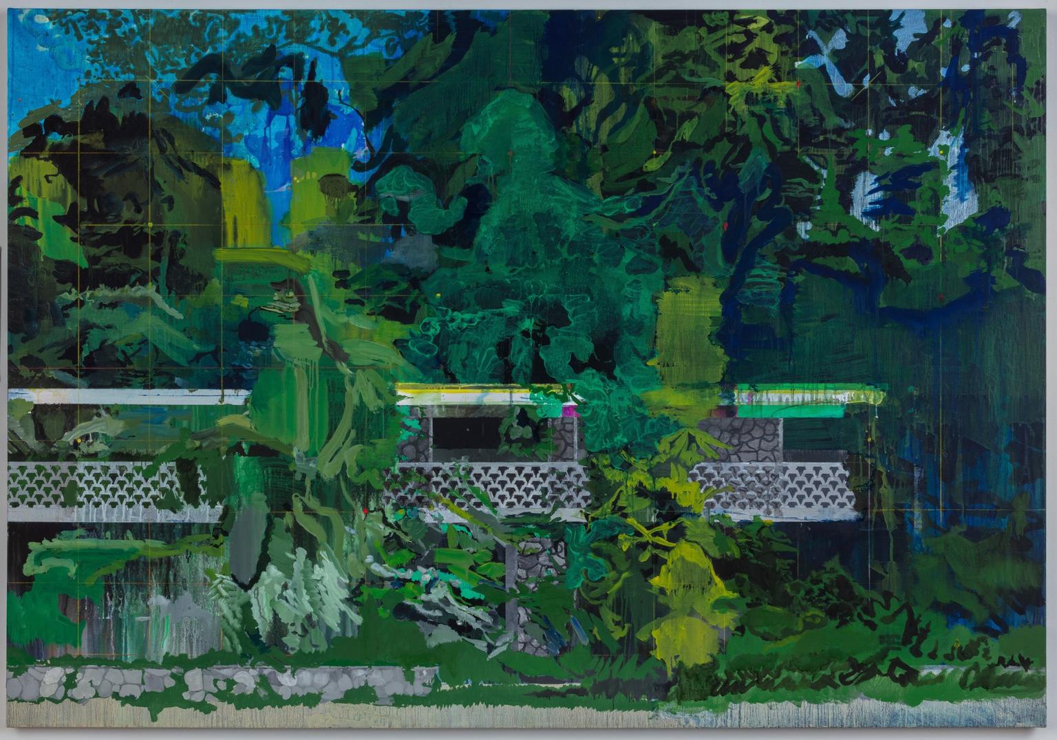 A green and blue abstracted painting of a concrete building overtaken by lush foliage.
