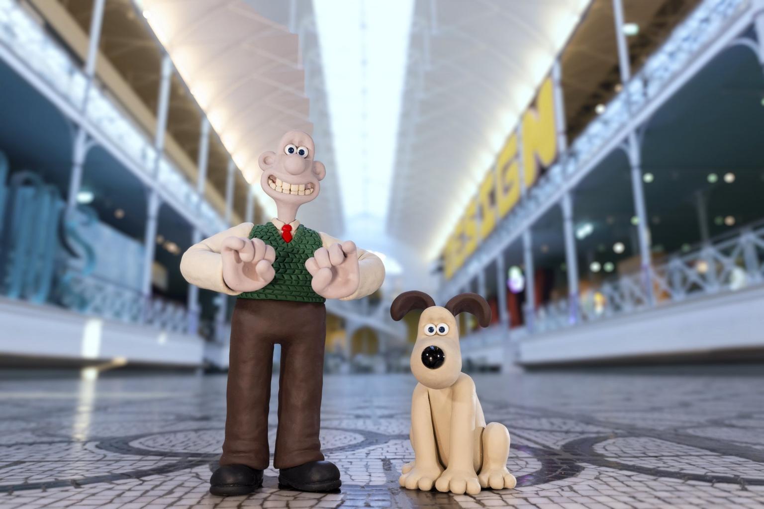 Models of Wallace and Gromit on the floor of the central space at the Young V&A