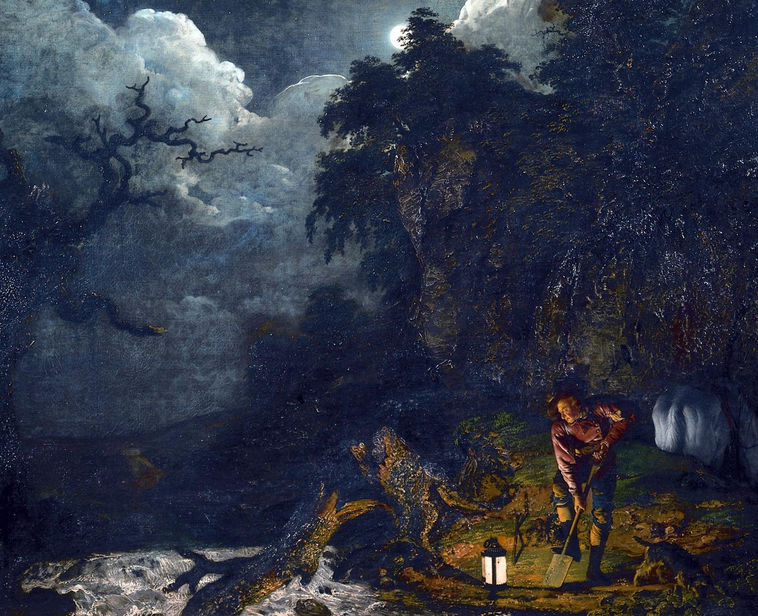 Depicts a man in a deep red jacket on the banks of the Derwent digging by moonlight filling up fox-holes, with a dog and a horse by his side. Reflects Wright's interest in 17th Century Dutch art rather than the English tradition. Inscribed 'J Wright P/1773' lower left.