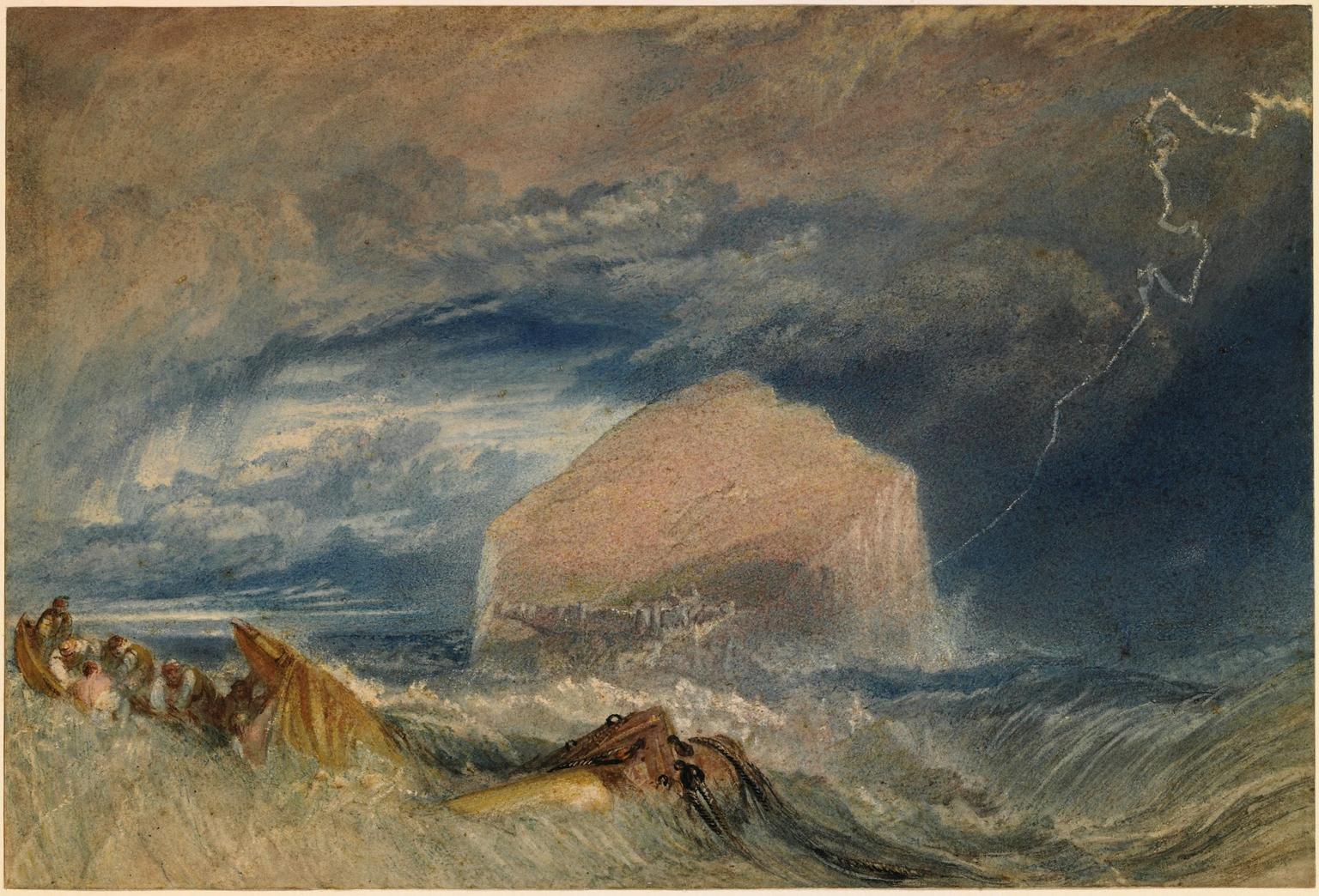A painting of a stormy grey-blue sea batters small boats before a large pinkish rock island under a dark sky pierced by a lightning bolt.