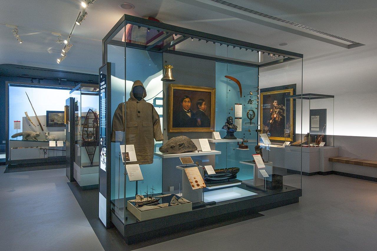 A museum case filled with polar artefacts