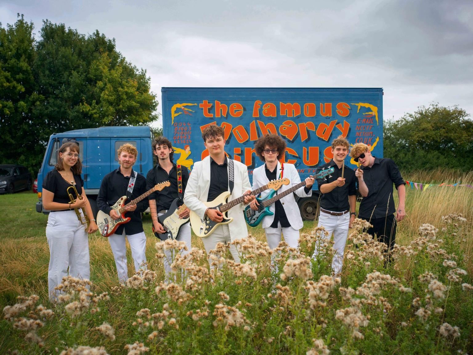 Simple Things Festival organised by We Are Music, Harwich. Kyle's band, Voyage. l-r Maisy, 18, Drew, 19, Tom, 18, Kyle, 21 Oliver, 18, Matt, 19 and Fin, 18