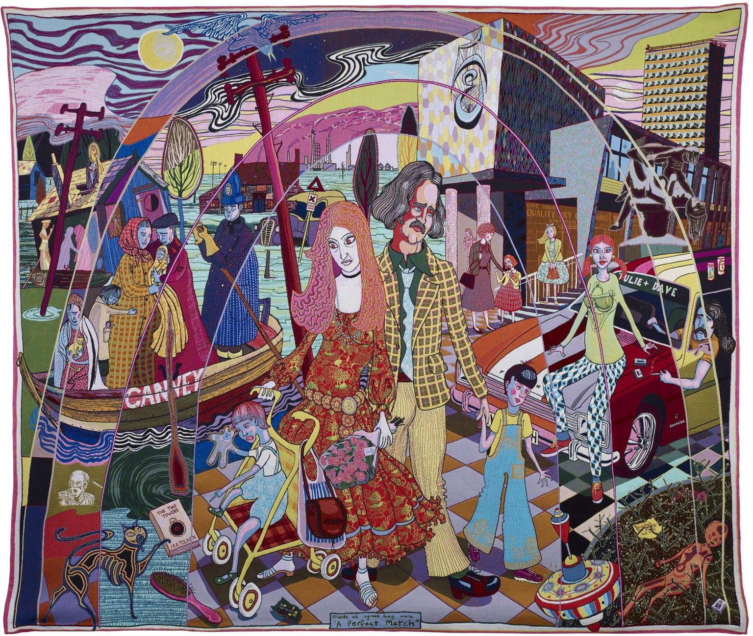 A colorful tapestry shows a patterned-dressed couple walking with a stroller and two children through a surreal cityscape.