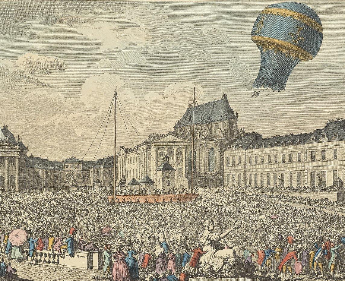 Ascent of a Montgolfier balloon with a sheep, cock and a duck.