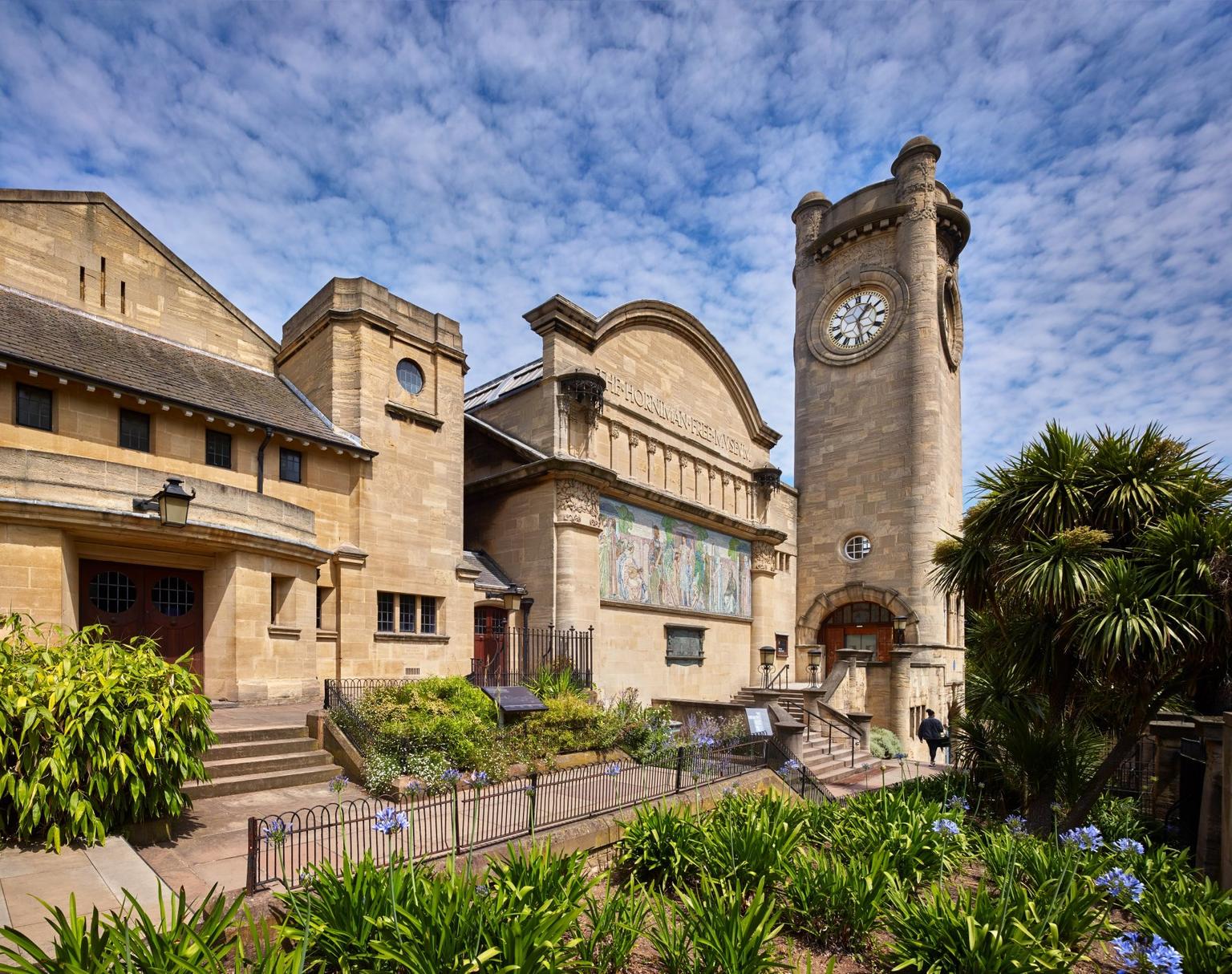 The exterior of the Horniman with blue skies above