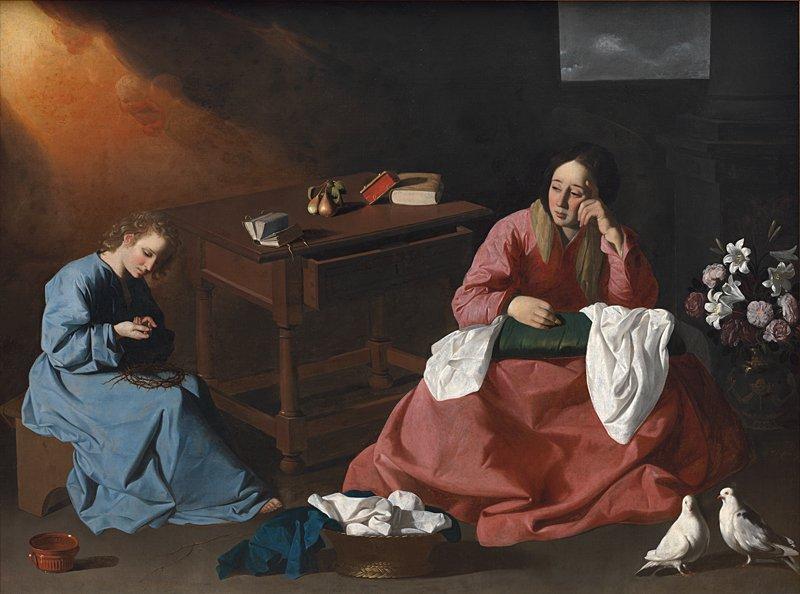 Painting of a woman in a red dress sits sewing white cloth while Jesus in a blue gown examines a crown of thorns in a dim interior with two white doves and a vase of flowers nearby.