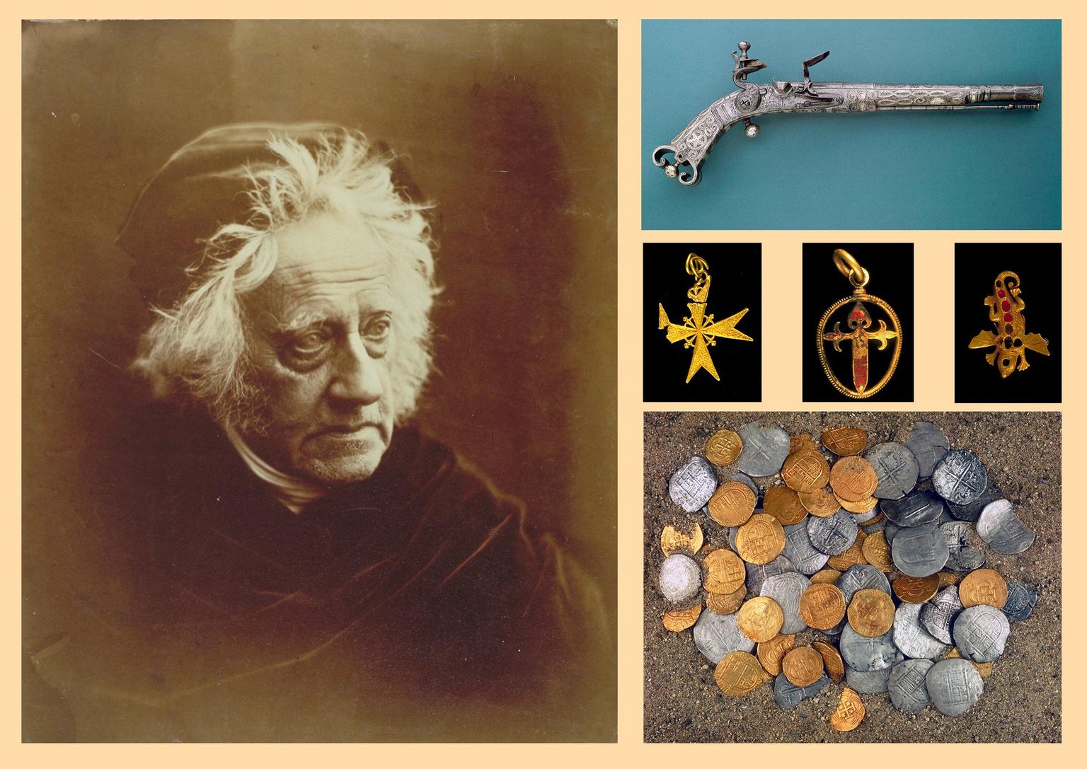 A black and white portrait photograph, an ornate pistol, three gold cruifx charms and a collection of silver and bronze coins.