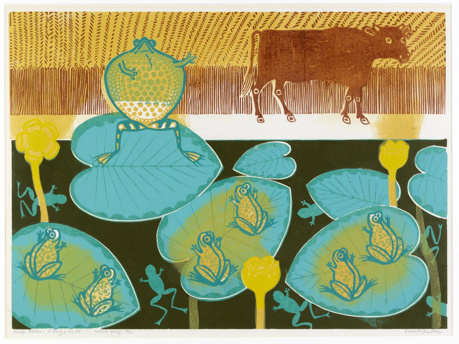 The five works are: Frog and Ox; Hare and Tortoise; Gnat and Lion; Frog, Mouse and Kite; Peacock and Magpie (main illustration). One of the prime objectives of the Fry Art Gallery is to collect and show work by the influential Essex artist Edward Bawden, whose work reached the height of its popularity around the time of the Festival of Britain in 1951. Bawden was instrumental in setting up the Fry Gallery, supported its work and donated examples of his own work and that of other artists from the northwest Essex area to the collection. Linocuts are an essential part of Bawden's work. In these prints, in addition to the artistic and technical skill that is demonstrated, we are allowed to see a sardonic vein of observation that replaces simple representation. Bawden made this series of his own volition, rather than to commission, and printed it himself.