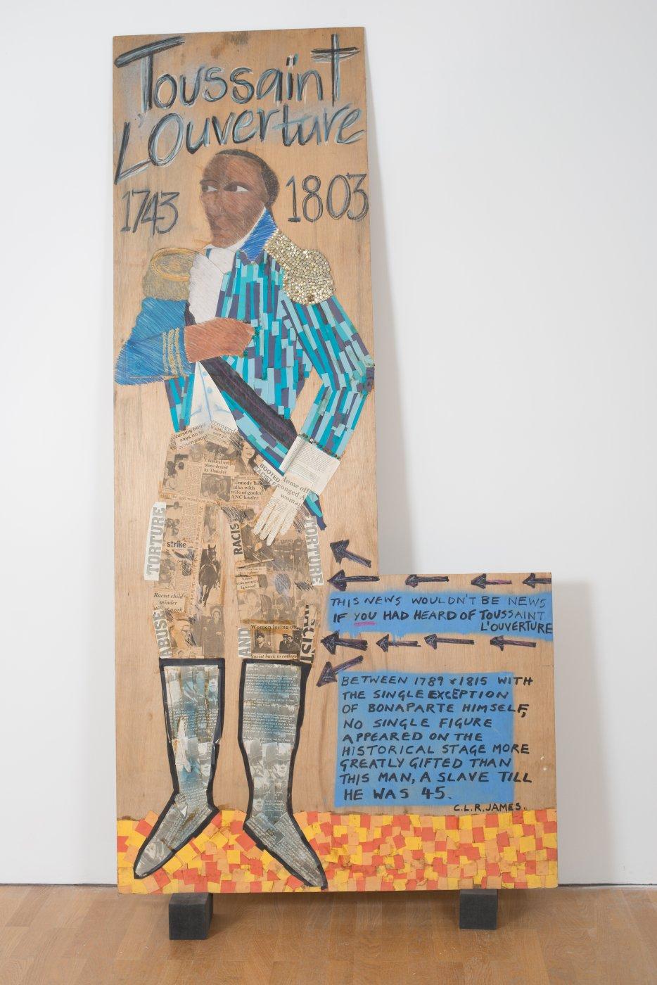 Toussaint L'Ouverture is a collage portrait of the Haitian soldier and revolutionary leader Fran'ois-Dominique Toussaint L'Ouverture (1743-1803). The image is inspired by a number of portraits of the soldier, who is shown here in military dress. He is a key figure in black history (he gained freedom from slavery and was instrumental in the Haitian independence movement), and yet has been marginalised in mainstream history. Among the collaged materials in the portrait are article fragments detailing the negative experiences of black people in Britain in the 1980s. ANNUAL REPORT 2019