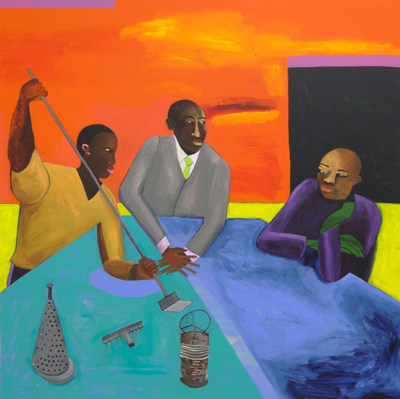 A painting of three figures sitting around a blue and turquoise table looking at each other against an orange background.
