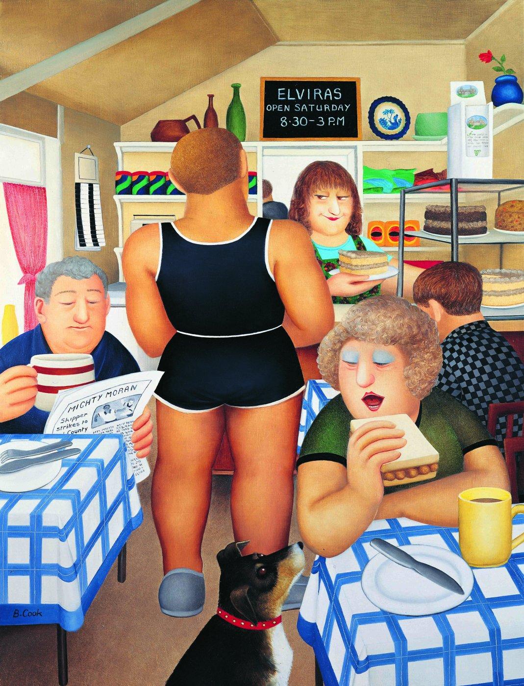 In Elviras cafe Beryls daughter-in-law Teresa is serving a slice of cake to a handsome marine, he is wearing sports gear. A man sits at a table drinking a large mug of tea. A dog watches its owner eating a sausage sandwich.