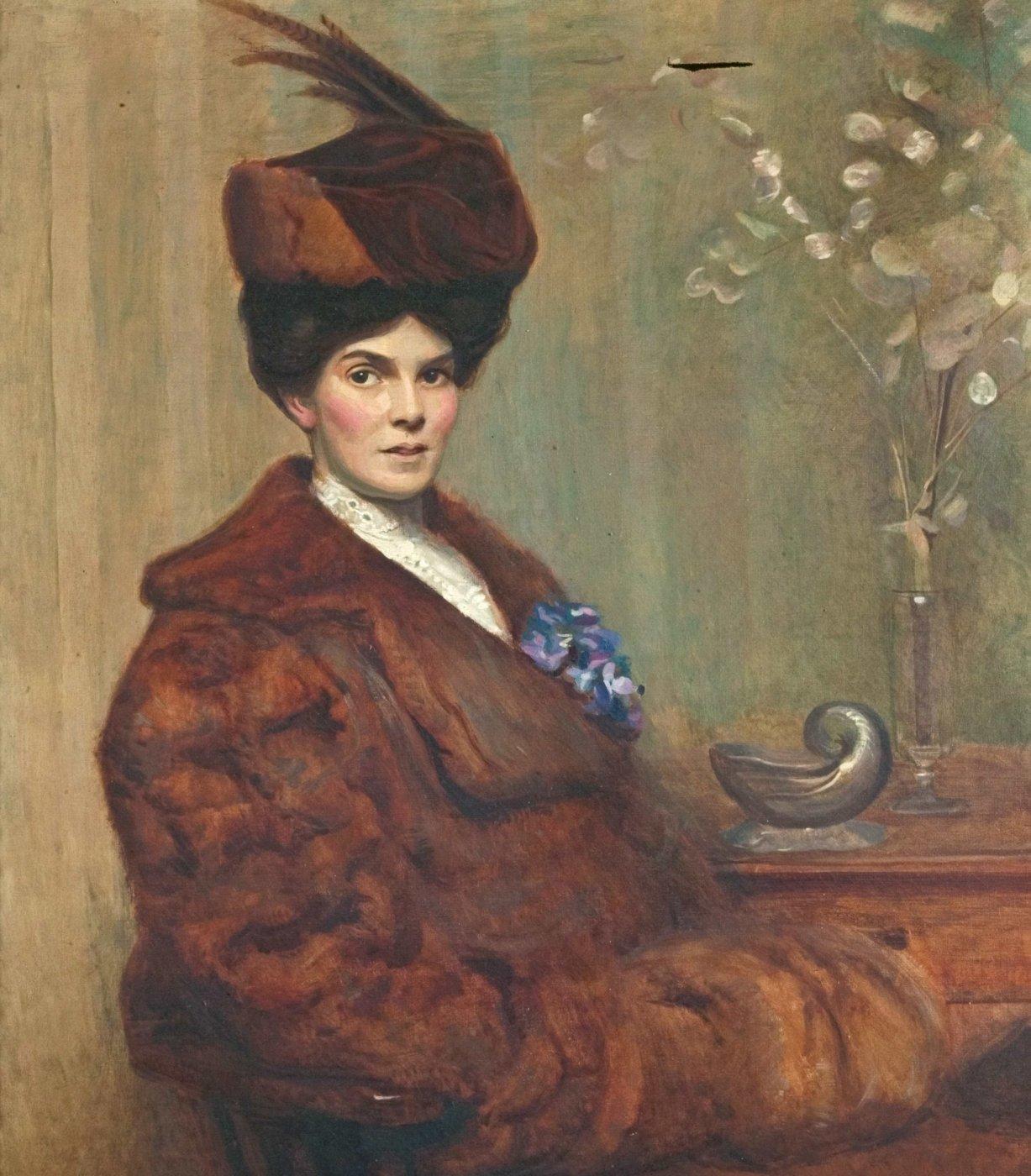 A portrait painting of a woman in a rich brown fur coat and matching feathered hat sits at a wooden table with a vase and blue corsage.