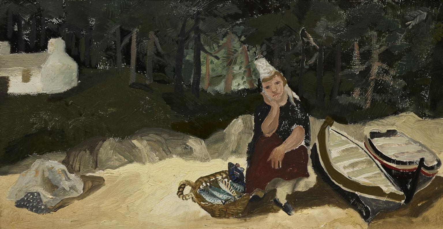 A painting of a woman in a white headscarf sitting on a sandy shore beside a basket of fish and a beached rowboat, with dark trees and a white cottage behind her.