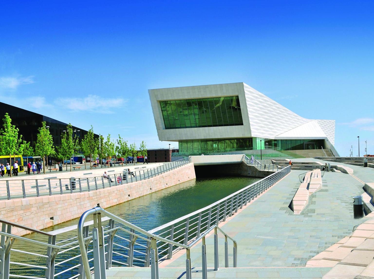 Exterior photograph of the Museum of Liverpool with blue skies above