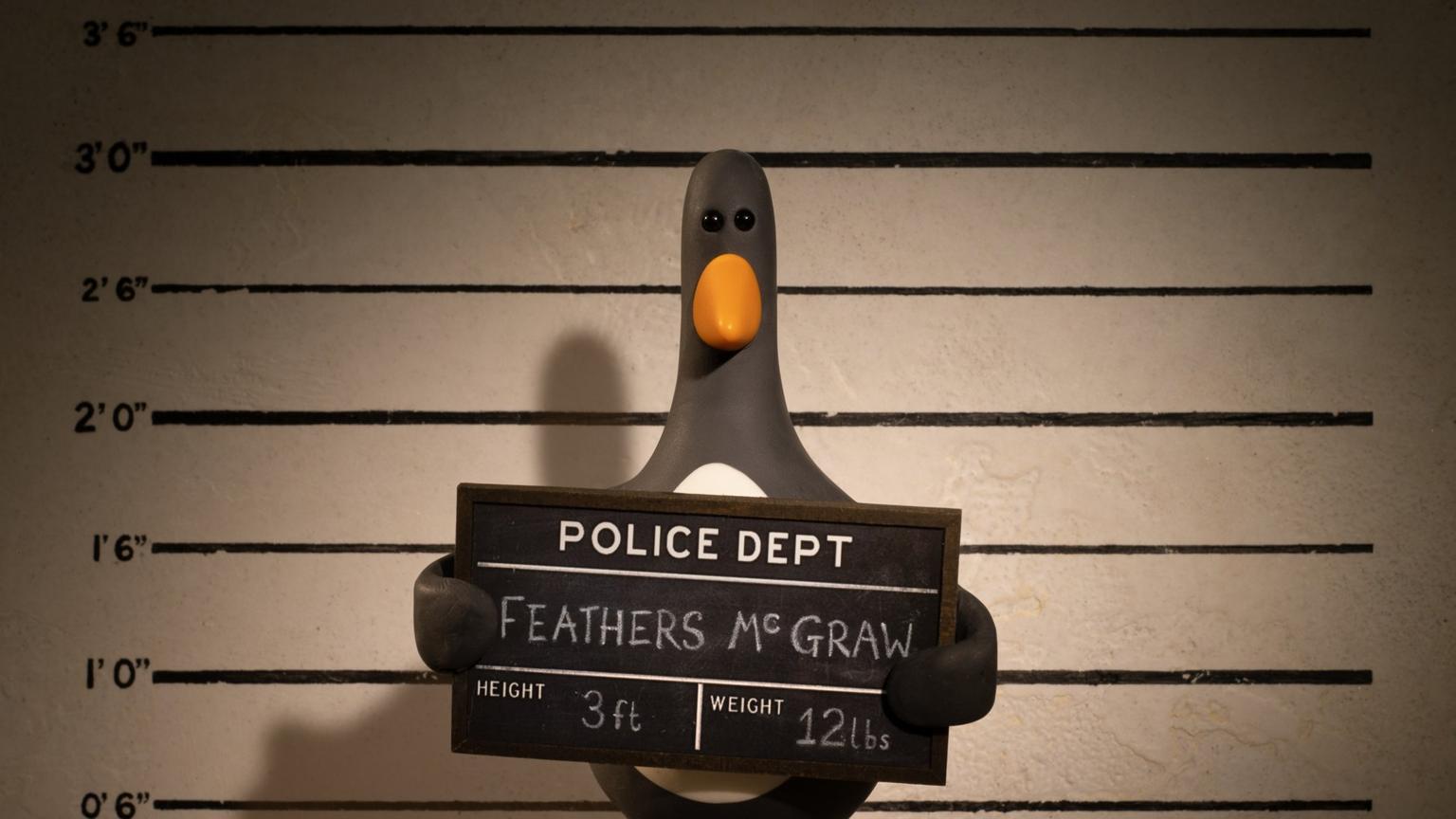 A plasticine penguin with an orange beak holds a police mugshot board reading 'Feathers McGraw' against a height chart.