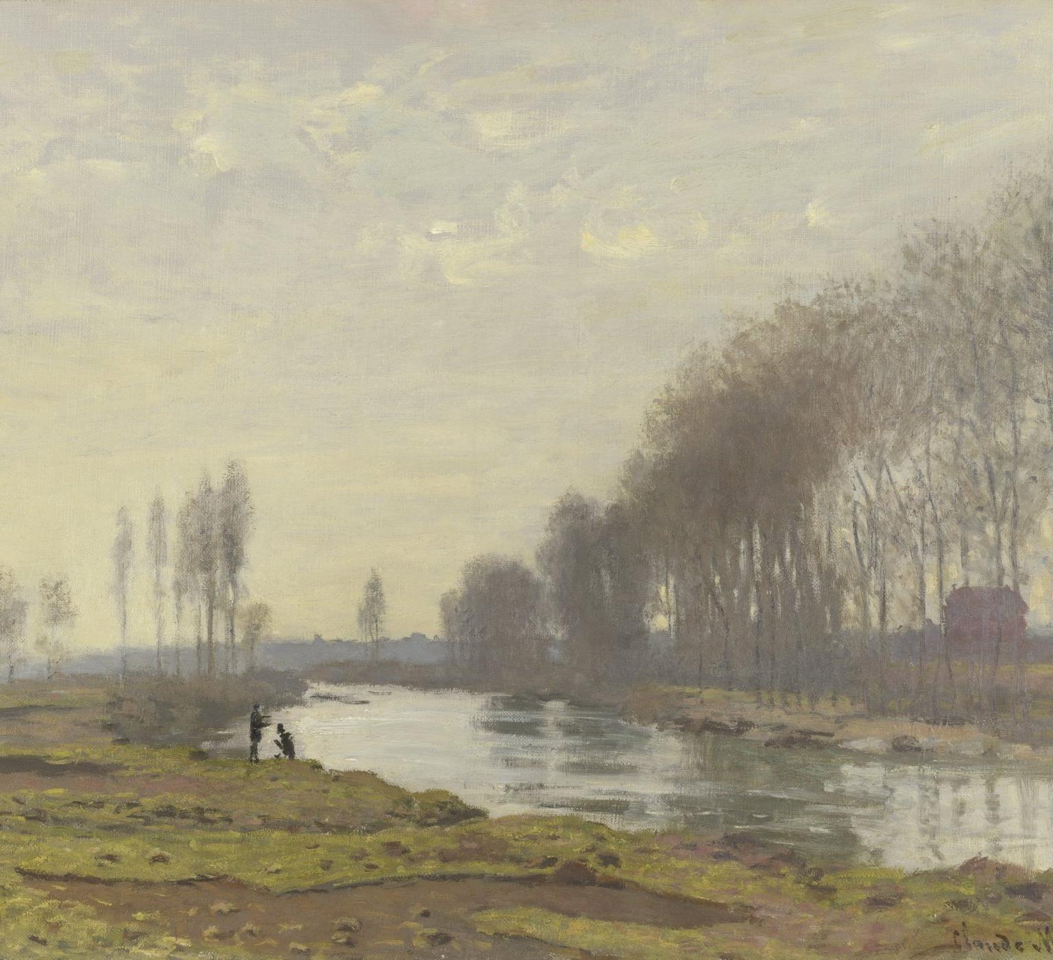 A painting of a riverside scene with two small figures on the bank.