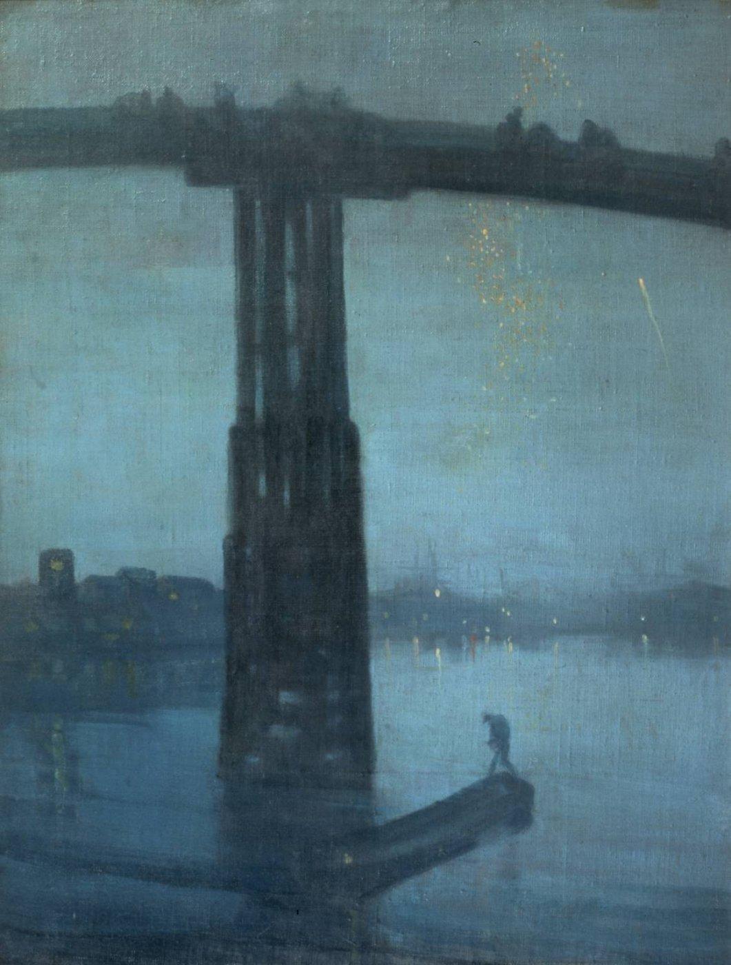 The work depicts the River Thames and Battersea Bridge by moonlight with Albert Bridge in the background, still under construction.