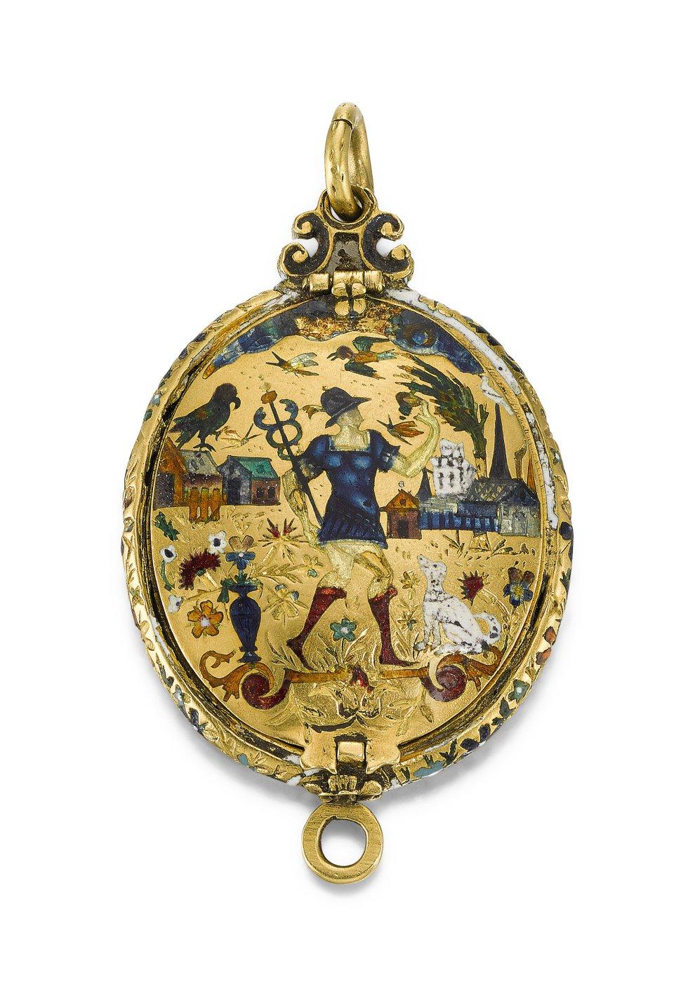 The Fettercairn Jewel is an extremely rare example of Scottish Renaissance art. Previously unknown to scholars, it came to light when it was sent to auction from the private collection of the Forbes family of Fettercairn House, Aberdeenshire.
The oval gold locket is set with a large rectangular almandine garnet and decorated on the reverse with an image of the god Mercury in basse taille enamel. Other decoration includes an enamelled design of scrolling branches and leaves in green, blue and white on the front, and flowers, birds, buildings and a white dog in basse taille enamel on the back.
The locket, which would originally have been worn as a pendant on a chain, opens to reveal a plain gold interior. This probably once contained a miniature portrait on ivory or vellum. The pendant may have had a pearl or precious stone hanging beneath it.
National Museums Scotland has the largest collection of Scottish Renaissance material in the world, but the bulk of surviving pieces are arms and armour, tableware and architectural fragments. Personal items are rare, and jewellery is rarer still. Until recently the Scottish Renaissance was believed by scholars to be inferior to those of other European nations.
The Fettercairn Jewel represents a significant opportunity to reassess the art and craftsmanship of this period in Scotland, as well as the culture of courtly patronage and gift giving.
Research will now endeavour to uncover the history of the jewel, including the story of how it came into the Forbes family. Potential links between the jewel and the royal court will also be investigated, as well as any connection it may have to the Darnley Jewel, a magnificent pendant in the Royal Collection with which it shares similarities in design.
The Fettercairn Jewel is now on show in the National Museum of Scotland, Edinburgh.
