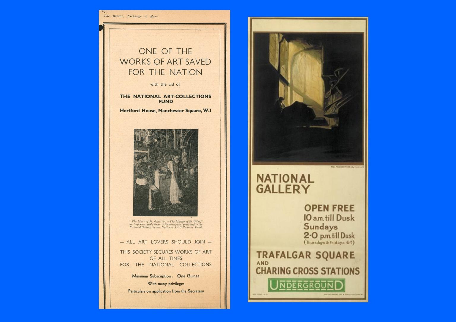 A newspaper advertisement for membership of the National Art Collections Fund; a London Underground poster promoting free entry to the National Gallery