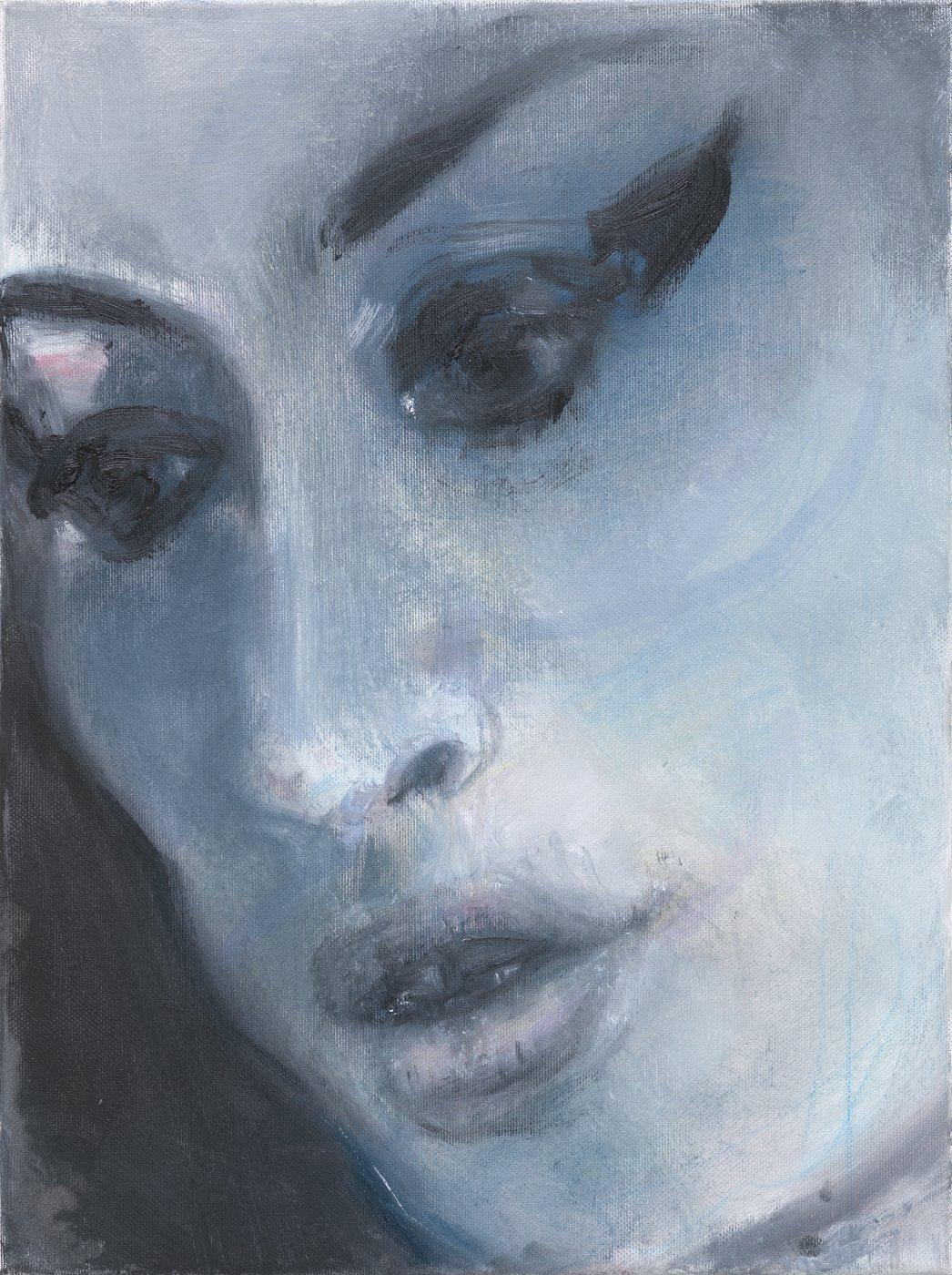 Amy - Blue is a posthumous work, made shortly after the singer Amy Winehouse's death in July 2011. Amy - Blue was one of two portraits of Amy Winehouse unveiled as part of an exhibition of Marlene Dumas's work at the Frith Street Gallery entitled Forsaken, exploring themes of existential despair within both a religious and secular context. Speaking about how the work came about, Dumas recalls being moved upon hearing of Winehouse's death, and searching through images of Winehouse on the internet after hearing the news. Dumas has described Winehouse as a great musician, likening the singer's description of being 'given' a voice to the way the artist feels about her own ability to draw. Her painting of Winehouse crops and simplifies the singer's characteristic features, creating an icon which is at the same time a likeness.