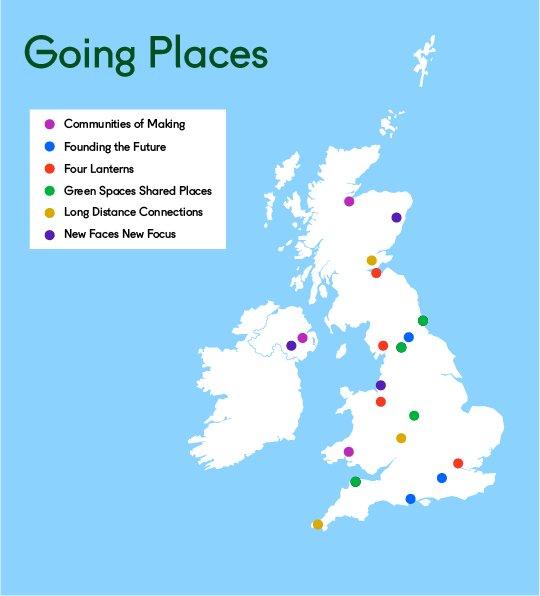 A map of the UK showing the locations of each of the museums participating in the Going Places programme, as outlined below.