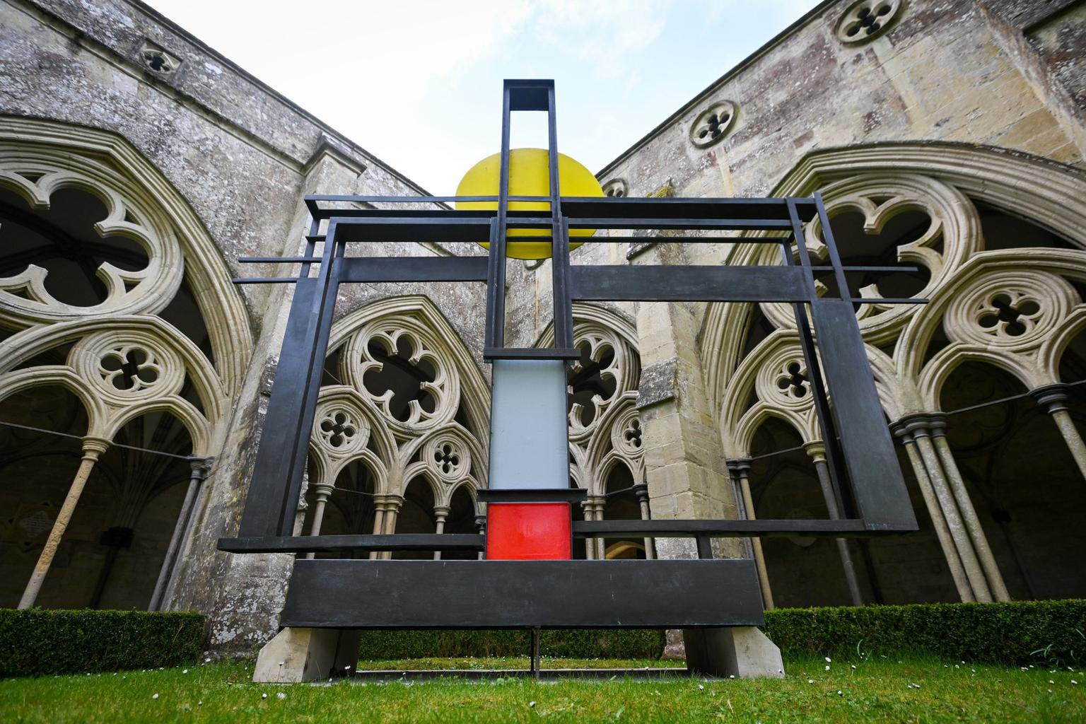 SALISBURY, ENGLAND - APRIL 11: Barbara Hepworth's sculpture Construction (Crucifixion) is transported at Salisbury Cathedral on April 11, 2022 in Salisbury, England. Barbara Hepworth's sculpture, Construction (Crucifixion) begins the long journey to the Rijksmuseum Gardens, Amsterdam, where it will be shown in the ninth annual sculpture exhibition devoted to the British sculptor. Hepworth is one of the key figures of British modernist sculpture. This exhibition provides an overview of her post-war work, with an emphasis on the 1960s and early 70s. The sculpture, which weighs 2.5 tons is on loan from Salisbury Cathedral. The exhibition in the Rijksmuseum Gardens opens on 3 June and runs until 24 October. (Photo by Finnbarr Webster)