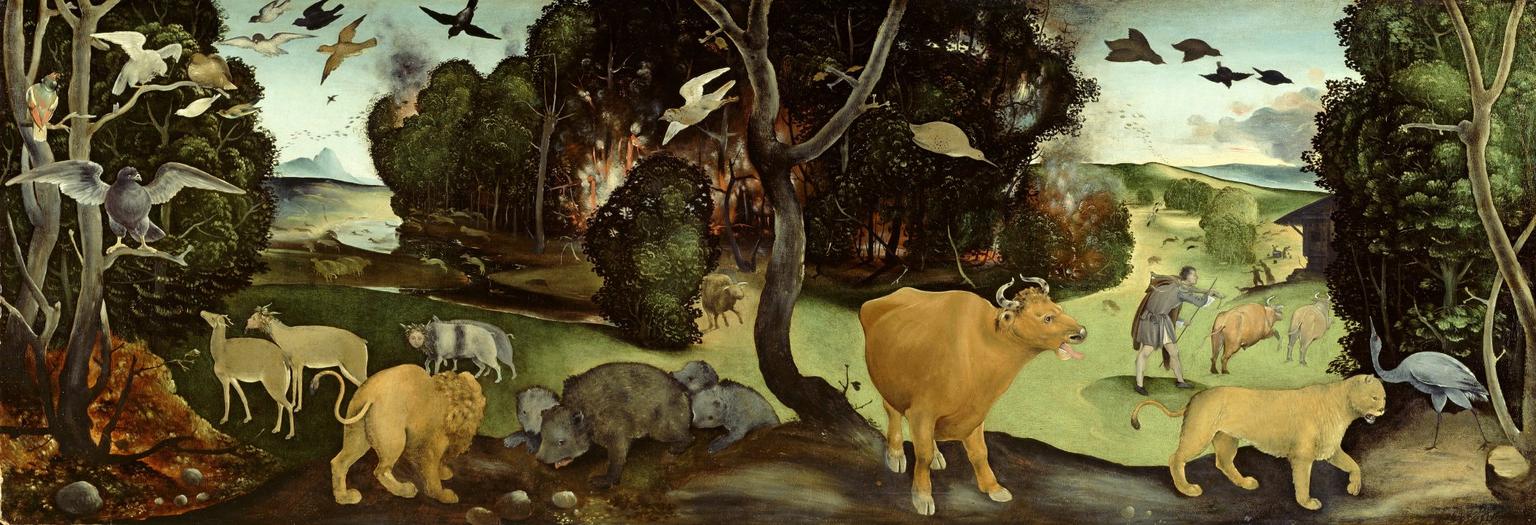 Panel depicts animals and birds escaping the burning thicket and gather in a clearing.