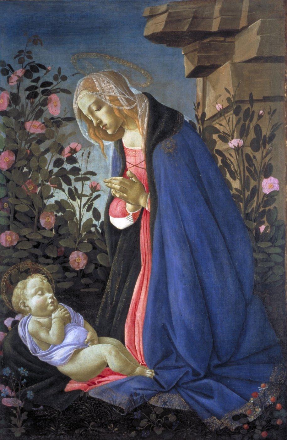 The painting depicts the Virgin adoring her son, who lies in swaddling clothes on the ground