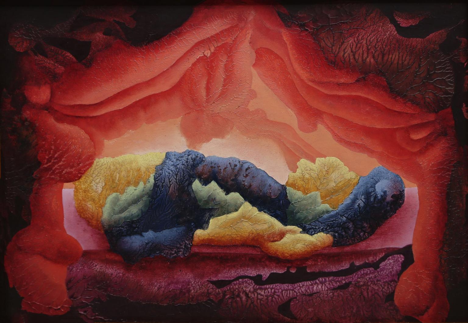 An abstract oil painting of a red, cave-like space where blue, green and yellow forms lie in the centre.
