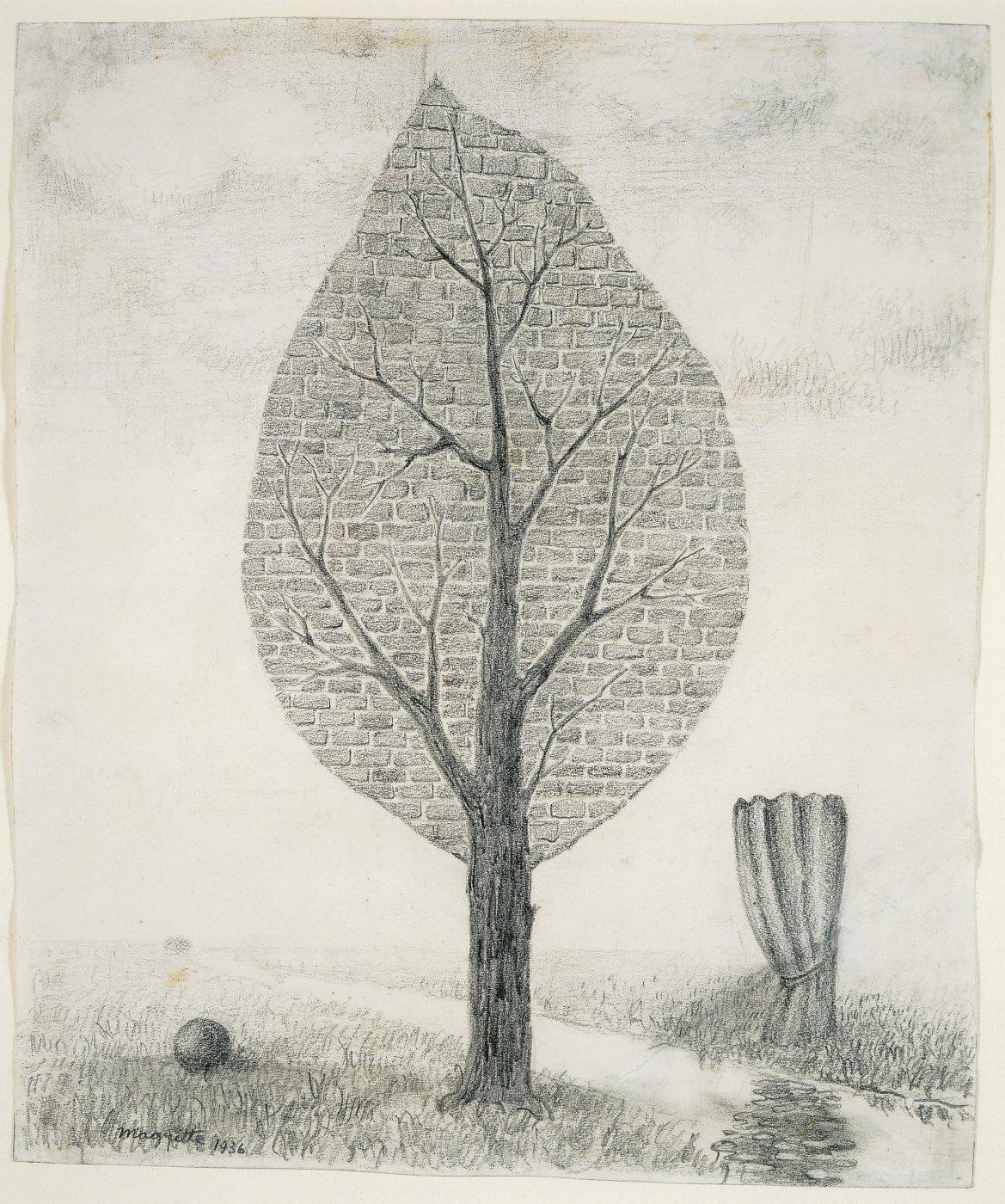 The drawing depicts a leaf shaped tree by a stream. The tree's foliage has been replaced by rows of bricks. On one side of the stream is a curtain and on the other a canon ball, both on a grassy ground. This drawing relates to a group of paintings all titled La Geante, the first of which is dated 1935. In only one of these the artist replaced the vegetative structure of the tree's foliage with bricks, as he does for the drawing. René Magritte was one of the most important Belgian Surrealist artists.