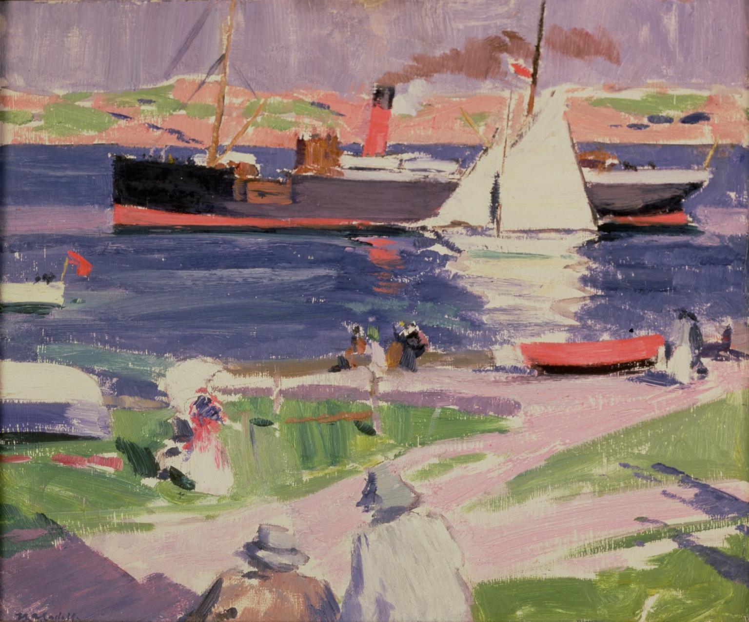 A blue, purple, pink and green painting of a ship off the coast of Iona, people on the shore
