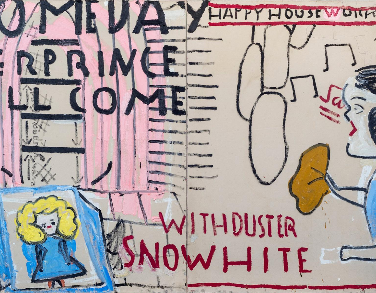 An artwork on two panels showing Snow Whit with a duster.