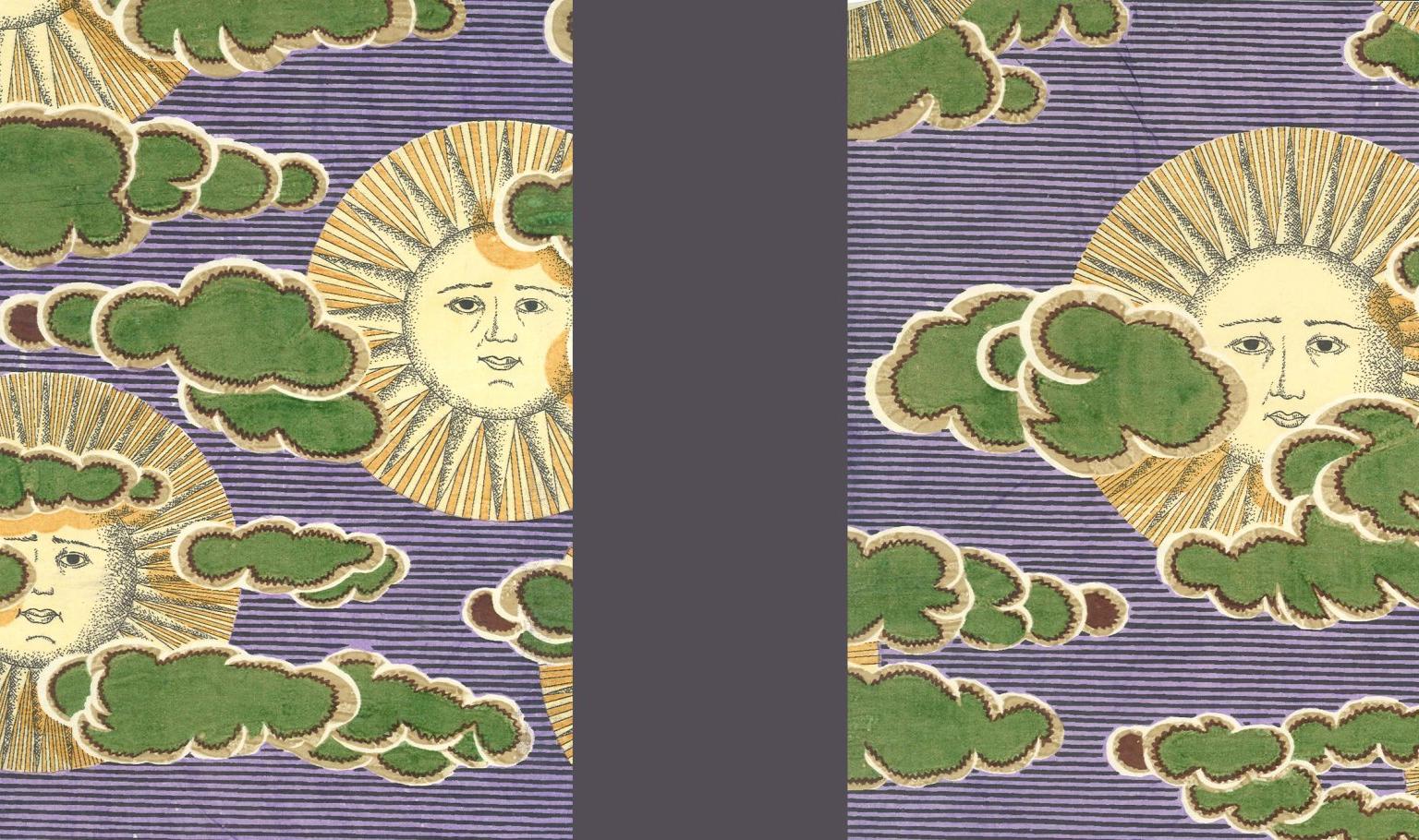 Yellow suns with human faces peek through fluffy green clouds against a purple striped background.