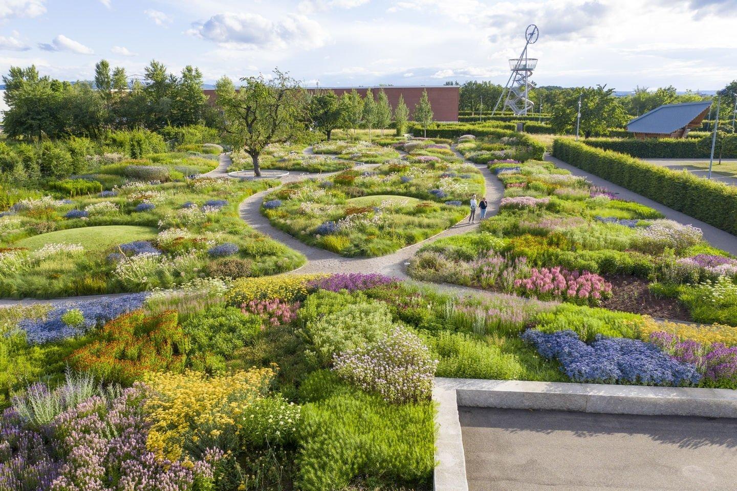 A landscaped garden filled with a variety of purple, pink, white and yellow flowers, and winding garden paths.