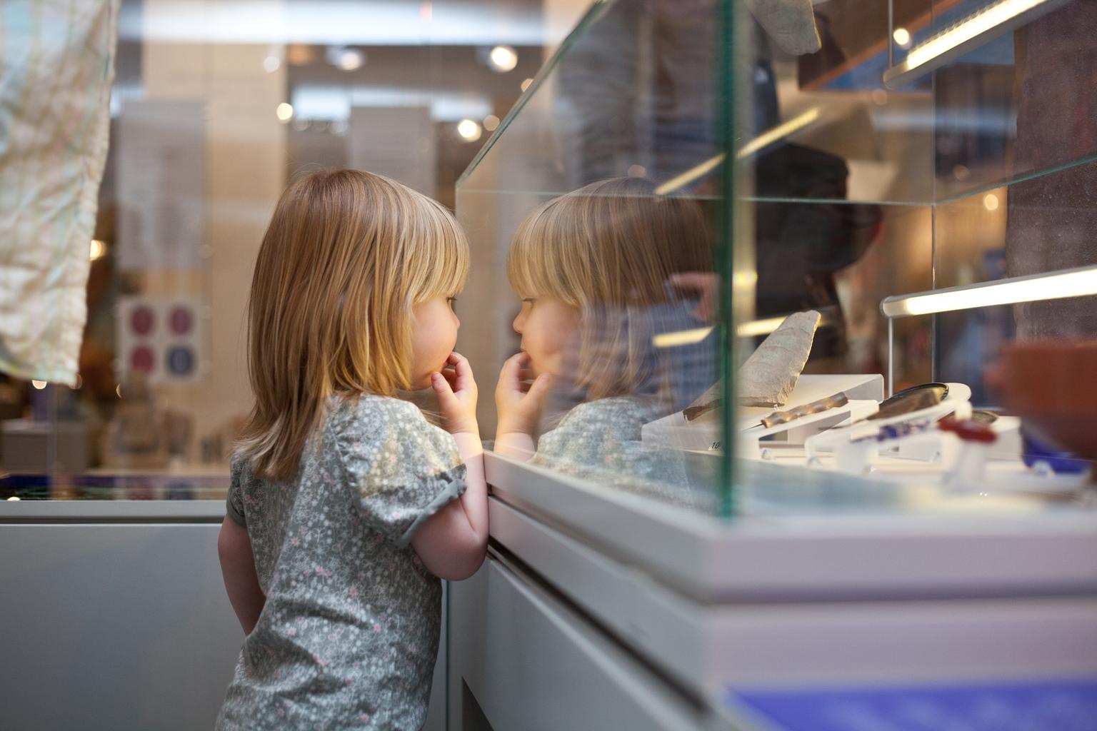 A young child with blonde hair looks into a glass display case in a museum.