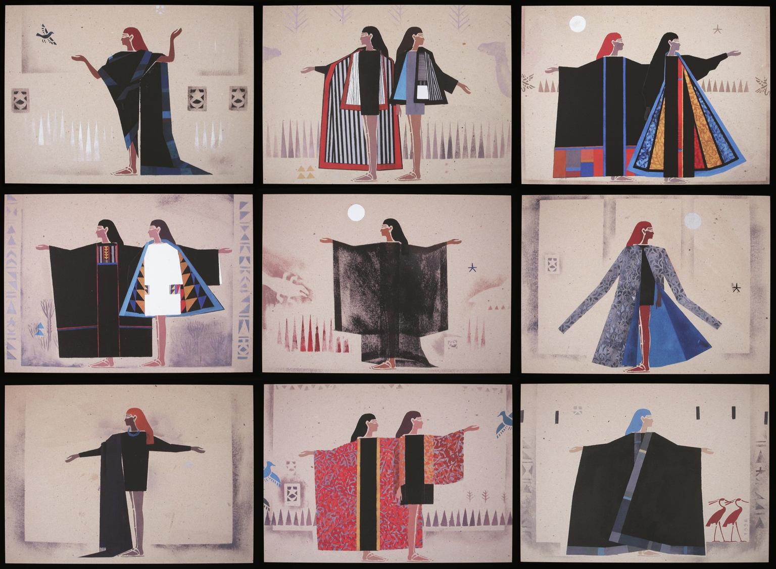 Illustrated figures in the style of ancient Egyptians hold a variety of standing poses with open arms next to birds and camels.