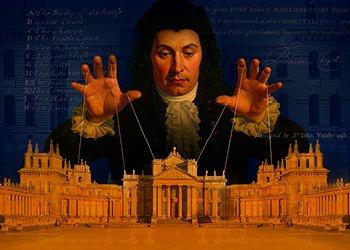 A man in black robes manipulates strings from his fingers like a puppet master. They're attached to an architectural drawing of a palace.