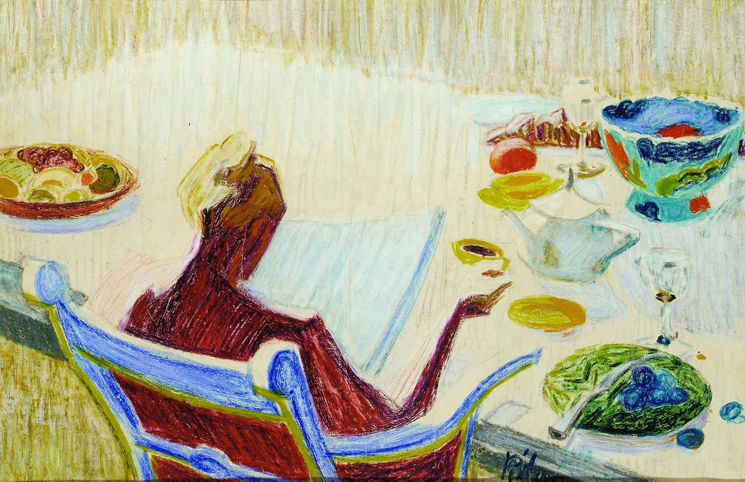 An artwork of a person reading while sitting at a table laid with food and utensils