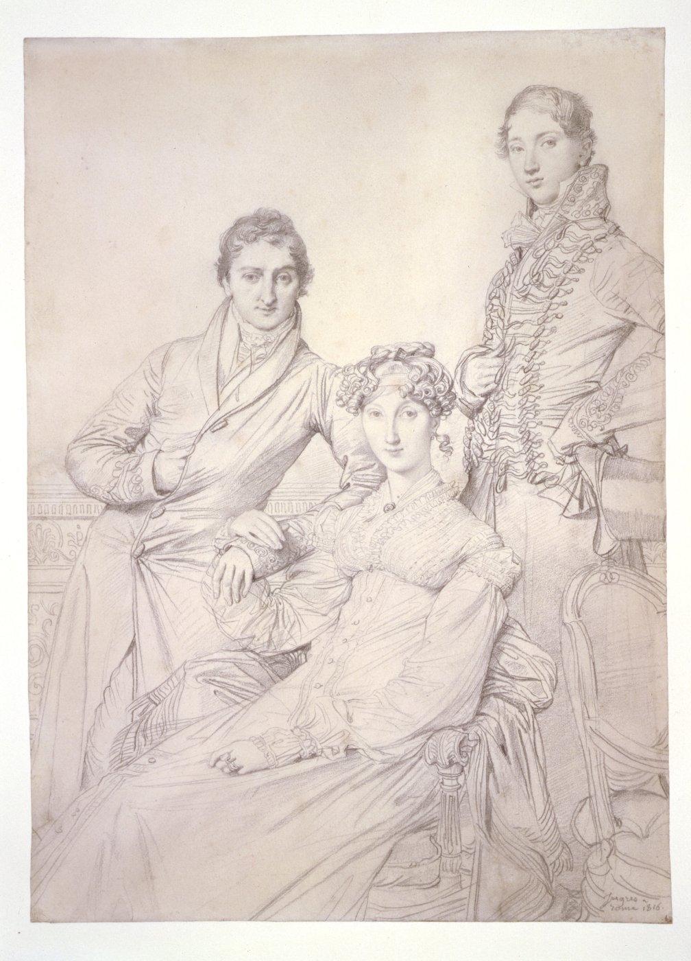 Drawing of three people posing for a portrait